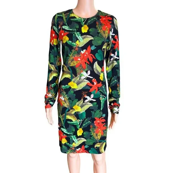 Alice + Olivia Delora Dress 8 Tropical Floral Print Bodycon Mini Long Sleeve NWT